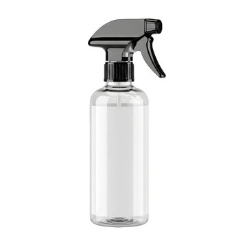Clear spray bottle with black pump and trigger isolated on transparent background