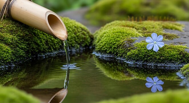 Tranquil Nature Composition Featuring Bamboo Spout and Reflective Water