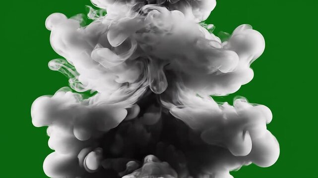 Dynamic close‑up view of an abstract white smoke cloud hovering centrally against a vibrant green backdrop, captured as a high‑resolution video