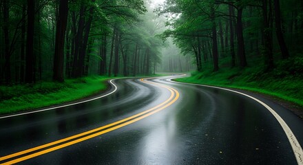 Obraz premium Curving Asphalt Road Through a Rain-Soaked Forest Landscape