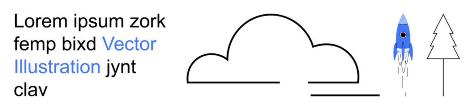 Space exploration, adventure, minimalism, technology, nature, creativity. Blue rocket soaring upward, outlined cloud and pine tree. Space exploration and creativity highlighted