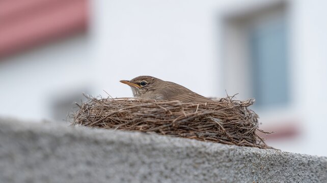 Ein Vogelnest verstopft das Fallrohr an der Fassade mit Federn und Zweigen; satte Farben heben den &uuml;berlaufenden Fleck hervor.