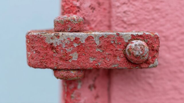 Verwittertes T&uuml;rscharnier mit abgerissenen Schrauben, das den st&auml;dtischen Verfall in leuchtenden Farben veranschaulicht.