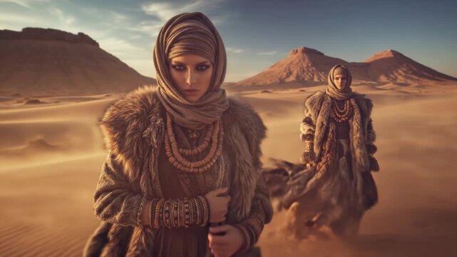 Mysterious desert women in ancient nomadic attire