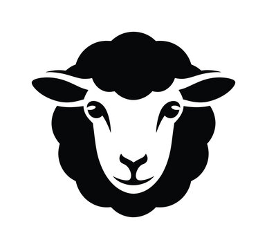 Black and white vector illustration of a sheep's face with fluffy fur