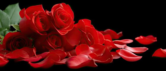 Naklejka premium Red rose petals arranged in a pile on a black background captured in a photorealistic style highlighting the rich colors and details of the petals