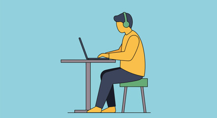 Fototapeta premium Man working on laptop at desk minimalist style.