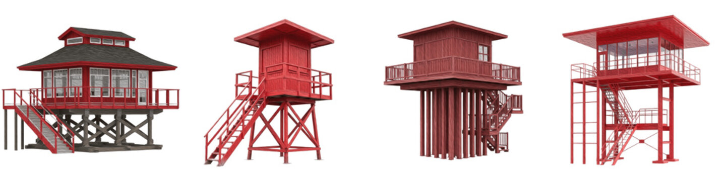 Set of Modern and Classic Red Lifeguard Towers - Coastal Beach Safety Observation Stations Isolated on White Background