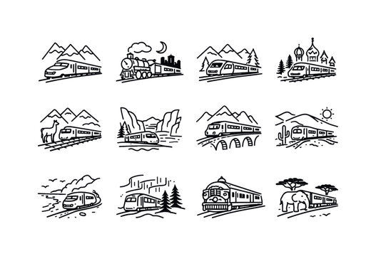 Famous Scenic Train Routes. Line icon set of Famous Scenic Train Routes: glacier express train, orient express route, rocky mountaineer