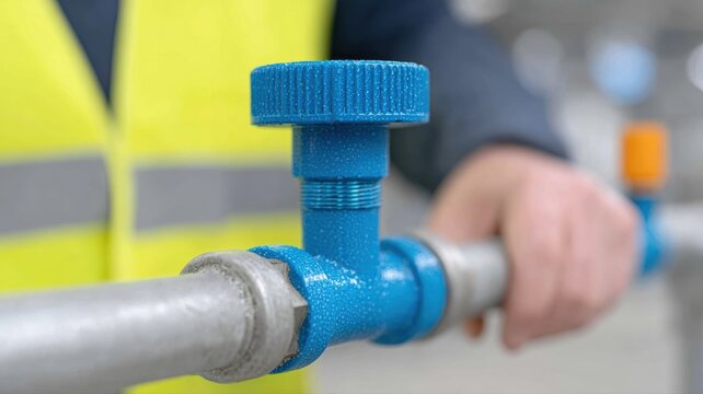 Ein Techniker entnimmt Wasserproben aus dem Sp&uuml;lbecken im deutschen Technikraum zur Instandhaltung der Geb&auml;udetechnik.