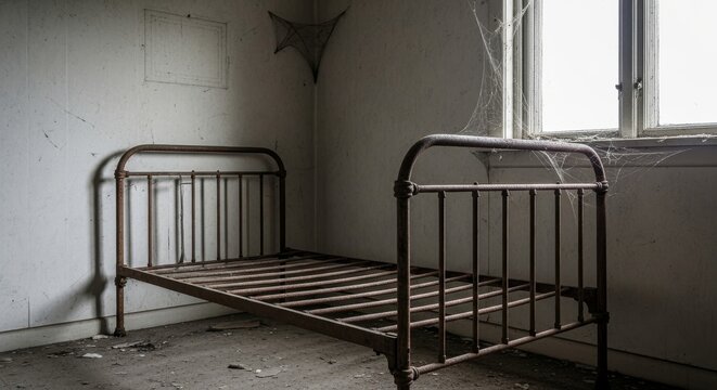 Old metal bed in a dusty, abandoned room