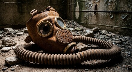 Old Rusty Gas Mask with Corrugated Hose