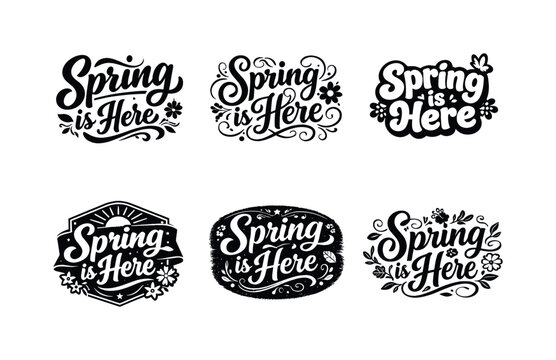 Spring is here. Set lettering. harmonious lettering variations of the same emblematic concept, each with different artistic interpretation