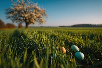 Eggs nestled in lush green grass under a tree
