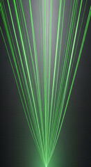 Image of converging bright green lines on dark surface, representing focus, projection, and technology, ideal for presentation or futuristic background