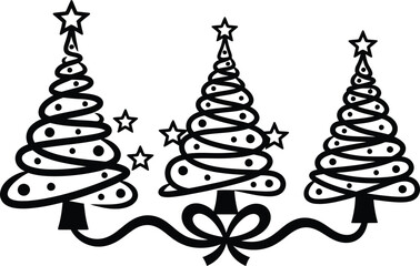 Blackandwhite illustration of three christmas trees with stars and ribbons tied together