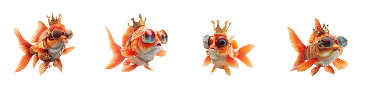 Four anthropomorphic goldfish wearing crowns and sunglasses, quirky and funny characters isolated on transparent background
