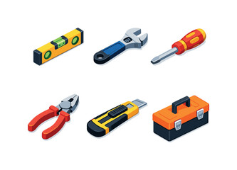 Isometric Toolbox Icons. Workshop tools. Isometric flat vector icons set of workshop tools: spirit level tool, adjustable wrench, screwdriver, pliers, utility