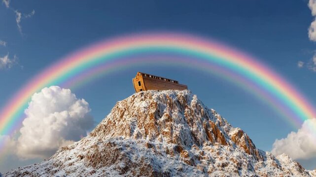  Noah's Ark resting on Mount Ararat with a bright rainbow. Biblical Genesis scene of the wooden vessel symbolizing salvation, hope and God's divine covenant.