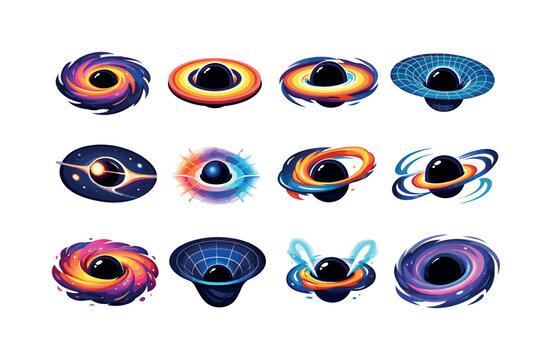 Black holes. Colorful isometric vector icons set of black holes: black hole vortex, event horizon ring, accretion disk, spacetime distortion,