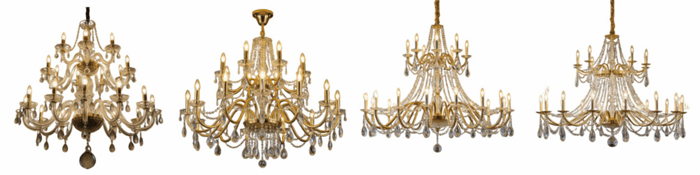 Set of luxury crystal chandeliers with golden metal frames isolated on white background