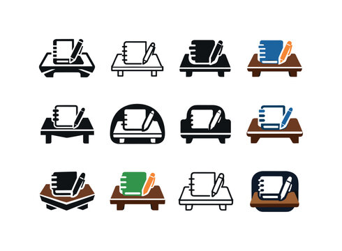 Study materials and books on desks. Icon set. Set Logo of study materials and books on desks: notebook with pen. harmonious logo variations