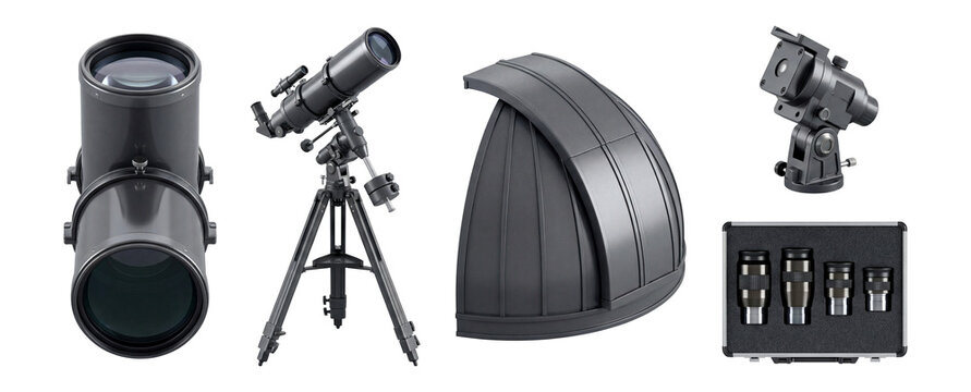 Photoreal telescopes and observatory gear illustrations Set.