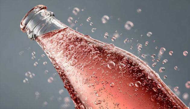 Sparkling glass bottle of pink soda against a neutral background highlighting effervescent bubbles and attractive colors