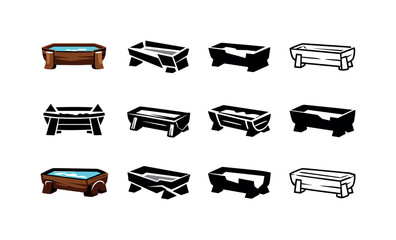 Watering Trough Icons. Watering trough. Icon set. Set Logo of watering trough: rustic wooden trough. harmonious logo variations of the same emblematic concept,