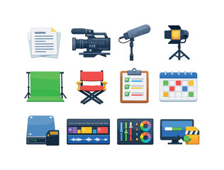 TV Production Icons. TV production. Colorful flat vector icons set of TV production: script pages, filming camera rig, boom microphone, lighting stand, green