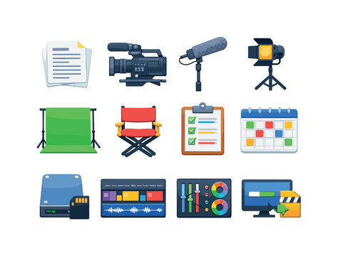 TV Production Icons. TV production. Colorful flat vector icons set of TV production: script pages, filming camera rig, boom microphone, lighting stand, green