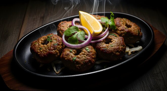 Sizzling Chapli Kebabs on a Cast Iron Skillet with Onion Rings and Lemon
