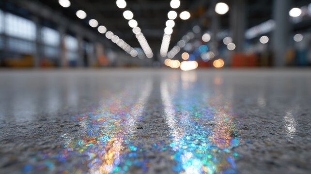 Industrieller Epoxidharzboden mit Fischaugenfehlern und hellen Reflexionen in einer Fabrikumgebung