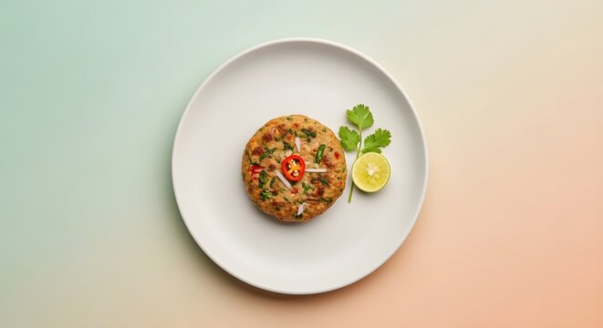 Single Chapli Kebab with Lime Slice and Cilantro on a Minimalist Plate