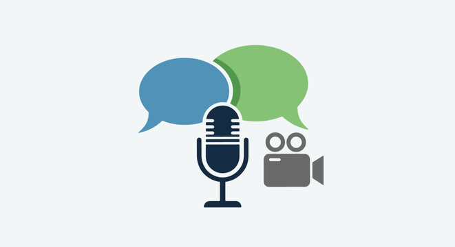 Microphone and camera with speech bubbles media concept.