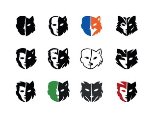 Fototapeta premium Beastly Transformation Icons. Beastly transformations. Icon set. Set Logo of Beastly transformations: split face human and animal. harmonious logo variations