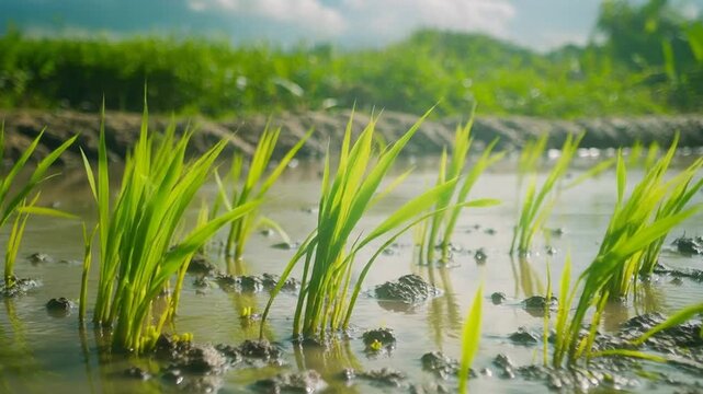 Young rice plants growing in flooded paddy field on sunny day in countryside