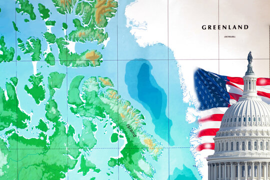 Concept of Greenland annexation showing US Capitol, American flag, and Arctic geopolitical strategy