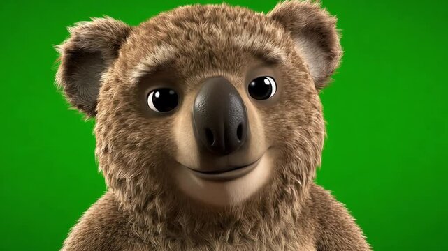 Smiling cartoon koala bear on green screen background for chroma key