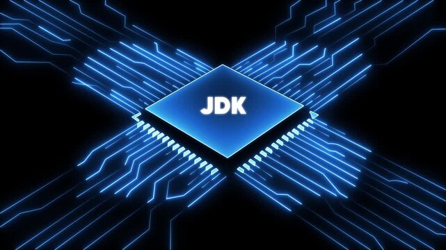 Blue J D K Microchip Circuit Board Background with Glowing Neon Lines and Microprocessor Technology