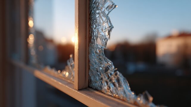 Notfall-Fensterreparatur in einer deutschen Wohnung mit gezackten Glasrissen und Klebebandkreuzen im Winterlicht