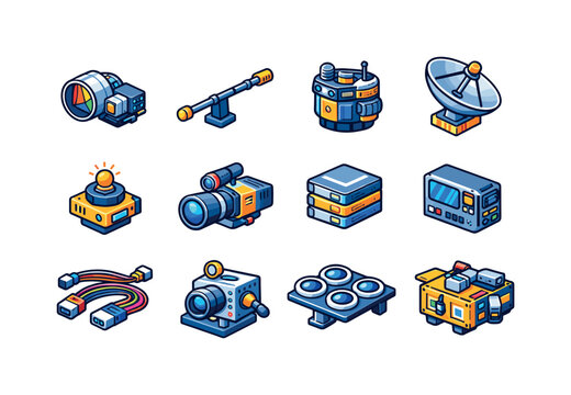 Spacecraft Instruments Icons. Spacecraft instrumentation. Colorful isometric vector icons set of Spacecraft instrumentation: spectrometer device, magnetometer