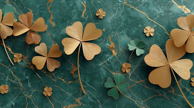Golden four leaf clovers arranged on a dark green marble textured background