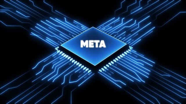 Glowing Blue Microchip with M E T A Text on Dark Circuit Board Background with Neon Lines META