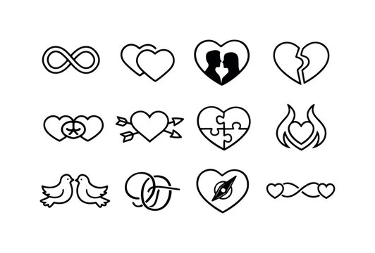Mutual Love Symbols. Line icon set of Mutual Love Symbols: infinity heart, double heart icon, couple silhouette in heart, split heart