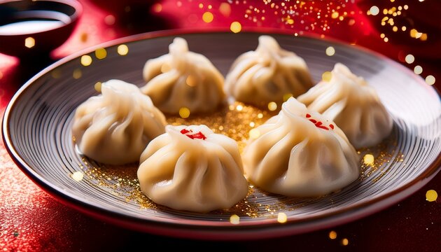 Raviolis Asiatiques Xiao Long Bao Fumants Dans Une Assiette Saupoudre Et Entoure De Paillettes De Confettis Dores Et Rouges Scintillants
