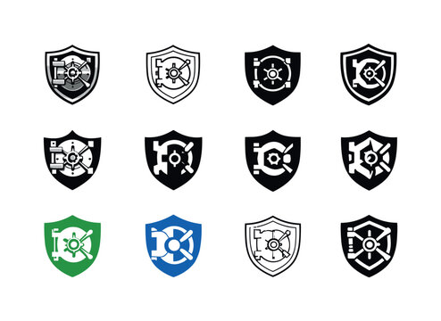 Money vault. Icon set. Set Logo of money vault: shield with vault symbol in center. harmonious logo variations of the same emblematic