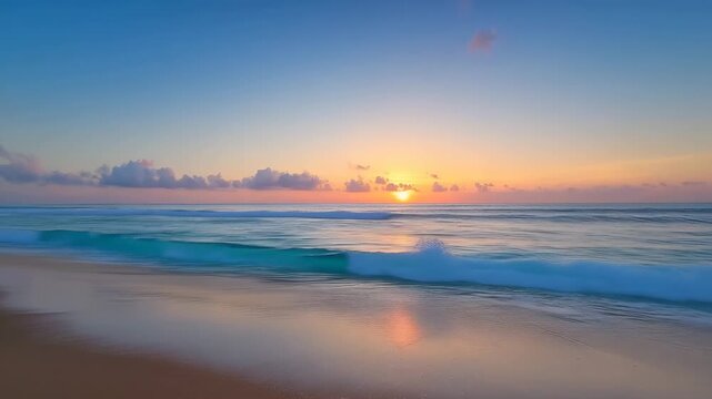 Golden ocean sunrise bathes tranquil beach waves in warm light colors