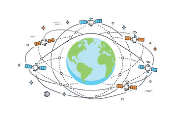 Orbiting Satellite Network. Satellite constellations. Multiple small satellites orbiting Earth in organized paths, forming a connected network around the