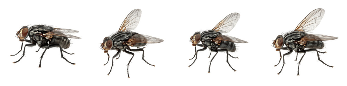Set of common houseflies in different positions isolated on white background